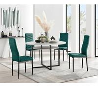 Furnitureboxuk Adley Grey Concrete Effect And Black Round Dining Table With Shelf And 4 Velvet Milan Dining Chairs In Green Green One Size