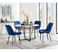 Furnitureboxuk Adley Grey Concrete Effect And Black Round Dining Table With Shelf And 4 Velvet Pesaro Dining Chairs In Navy Navy One Size