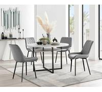 Furnitureboxuk Adley Grey Concrete Effect And Black Round Dining Table With Shelf And 4 Velvet Pesaro Dining Chairs Grey One Size