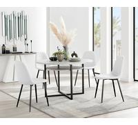 FurnitureboxUK Adley Grey Concrete Effect & Black Round Dining Table with Shelf & 4 Faux Leather Corona Dining Chairs in White FurnitureboxUK White