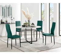 FurnitureboxUK Adley Grey Concrete Effect & Black Round Dining Table with Shelf & 4 Velvet Milan Dining Chairs in Green FurnitureboxUK Green