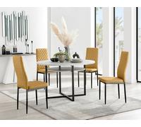 FurnitureboxUK Adley Grey Concrete Effect & Black Round Dining Table with Shelf & 4 Velvet Milan Dining Chairs in Mustard FurnitureboxUK Mustard