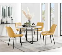 FurnitureboxUK Adley Grey Concrete Effect & Black Round Dining Table with Shelf & 4 Velvet Pesaro Dining Chairs in Mustard FurnitureboxUK Mustard