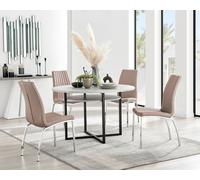 FurnitureboxUK Adley Grey Concrete Effect Round Dining Table & 4 Isco Faux Leather Chairs in Beige FurnitureboxUK Beige