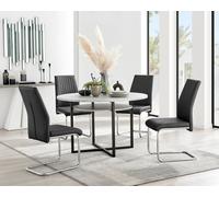 Adley Grey Concrete Effect Round Dining Table & 4 Lorenzo Faux Leather Chairs FurnitureboxUK Black One Size