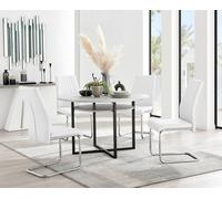 Adley Grey Concrete Effect Round Dining Table & 4 Lorenzo Faux Leather Chairs FurnitureboxUK White One Size