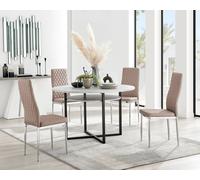 FurnitureboxUK Adley Grey Concrete Effect Round Dining Table & 4 Milan Chrome Leg Faux Leather Chairs in Beige FurnitureboxUK Beige