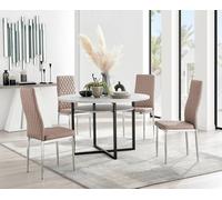 Furnitureboxuk Adley Grey Concrete Effect Round Dining Table & 4 Milan Chrome Leg Faux Leather Chairs In Beige Beige One Size
