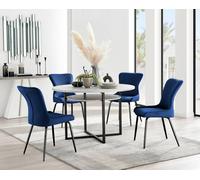 Furnitureboxuk Adley Grey Concrete Effect Round Dining Table & 4 Nora Black Leg Velvet Chairs In Blue Blue One Size