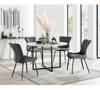 Furnitureboxuk Adley Grey Concrete Effect Round Dining Table & 4 Nora Black Leg Velvet Chairs In Dark Grey Dark Grey One Size