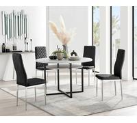 Furnitureboxuk Adley Grey Concrete Effect Round Dining Table & 4 Velvet Milan Chairs In Black Black One Size
