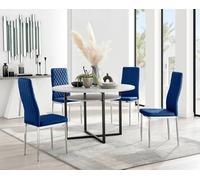 Furnitureboxuk Adley Grey Concrete Effect Round Dining Table & 4 Velvet Milan Chairs In Navy Navy One Size