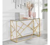 FurnitureboxUK Amalfi Console Table - Rectangular Clear Glass & Chromed Metal Table - Abstract Pattern - Sleek, Chic, Bright & Airy in Gold FurnitureboxUK Gold