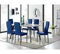 FurnitureboxUK Andria Marble Effect Dining Table With Black Legs & 6 Milan Velvet Black Leg Chairs in Navy FurnitureboxUK Navy