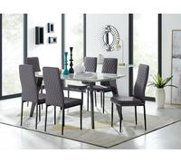 FurnitureboxUK Andria Marble Effect Dining Table With Black Legs & 6 Milan Velvet Black Leg Chairs in Grey FurnitureboxUK Grey