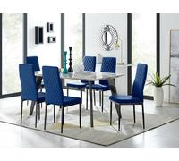 Furnitureboxuk Andria Marble Effect Dining Table With Black Legs & 6 Milan Velvet Black Leg Chairs In Navy Navy One Size