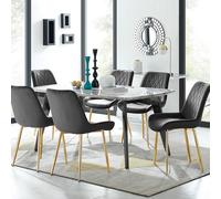FurnitureboxUK Andria Marble Effect Dining Table With Black Legs & 6 Pesaro Velvet Gold Leg Chairs FurnitureboxUK Black