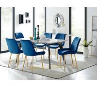 Furniturebox Andria Black Leg Marble Effect Dining Table And 6 Navy Pesaro Gold Leg Chairs