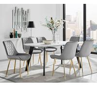 Andria Black Leg Marble Effect Dining Table and 6 Pesaro Gold Leg Chairs - Grey