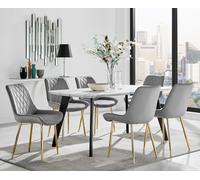 Andria Black Leg Marble Effect Dining Table and 6 Pesaro Gold Leg Chairs - Grey