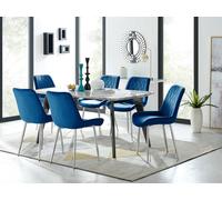 FurnitureboxUK Andria Marble Effect Dining Table With Black Legs & 6 Pesaro Velvet Silver Leg Chairs in Navy FurnitureboxUK Navy