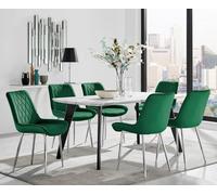 Furnitureboxuk Andria Marble Effect Dining Table With Black Legs & 6 Pesaro Velvet Silver Leg Chairs In Green Green One Size