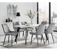 Andria White Marble Effect & Black Leg 6 Seater Dining Table and 6 Pesaro Soft Velvet Chairs FurnitureboxUK Grey One Size