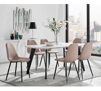 Furnitureboxuk Andria White Marble Effect & Black Leg 6 Seater Dining Table And 6 Corona Faux Leather Chairs In Beige Beige One Size