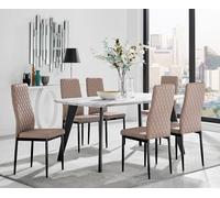 Furnitureboxuk Andria White Marble Effect & Black Leg 6 Seater Dining Table And 6 Milan Faux Leather Chairs In Beige Beige One Size