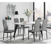 Furnitureboxuk Andria White Marble Effect & Black Leg 6 Seater Dining Table And 6 Milan Faux Leather Chairs In Grey Grey One Size