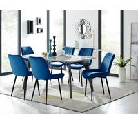 Furnitureboxuk Andria White Marble Effect & Black Leg 6 Seater Dining Table And 6 Pesaro Soft Velvet Chairs In Navy Navy One Size