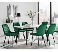 Andria White Marble Effect & Black Leg 6 Seater Dining Table and 6 Pesaro Soft Velvet Chairs FurnitureboxUK Green One Size