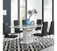 Furniturebox Arezzo White High Gloss Extending Dining Table & 6 Black Milan Faux Leather Dining Chairs