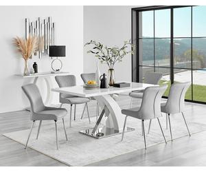 Furnitureboxuk Atlanta 6 White Dining Table And 6 Nora Silver Leg Chairs In Light Grey Light Grey