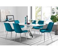 Furnitureboxuk Atlanta 6 White Dining Table And 6 Pesaro Silver Leg Chairs In Blue Blue One Size