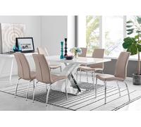 Furnitureboxuk Atlanta Modern Rectangle Chrome Metal High Gloss White Dining Table And 6 Isco Chairs Set In Beige Beige