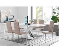 Atlanta Modern High Gloss White Dining Table And 6 Milan Chairs Set - Cappuccino