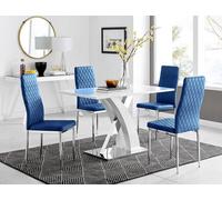 Furnitureboxuk Atlanta White High Gloss And Chrome 4 Seater Dining Table With X Shaped Legs And 4 Soft Velvet Milan Chairs In Navy Navy One Size