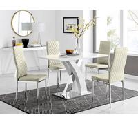 Atlanta White High Gloss and Chrome 4 Seater Dining Table with X Shaped Legs and 4 Soft Velvet Milan Chairs FurnitureboxUK Cream One Size