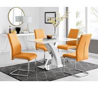 FurnitureboxUK Atlanta White High Gloss & Chrome 4 Seater Dining Table with X Shaped Legs & 4 Faux Leather Lorenzo Chairs in Mustard FurnitureboxUK Mustard