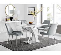 FurnitureboxUK Atlanta White High Gloss & Chrome 4 Seater Dining Table with X Shaped Legs & 4 Soft Velvet Pesaro Chairs in Grey FurnitureboxUK Grey