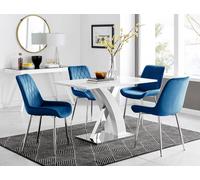FurnitureboxUK Atlanta White High Gloss & Chrome 4 Seater Dining Table with X Shaped Legs & 4 Soft Velvet Pesaro Chairs in Navy FurnitureboxUK Navy