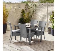 Bali Grey Rattan Garden Dining Table and Chairs for Outdoor Patio, 4 Seater with Cushions and Glass Top Table FurnitureboxUK Grey One Size