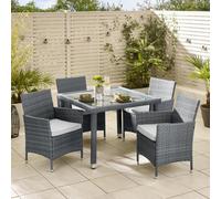 FurnitureboxUK Barbados Rattan Outdoor Garden Dining Set, PE Rattan & Cushions, 4 Chairs 1 Square Glass Top Outdoor Table in Grey FurnitureboxUK Grey