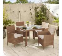Furnitureboxuk Barbados Rattan Outdoor Garden Dining Set, Pe Rattan & Cushions, 4 Chairs 1 Square Glass Top Outdoor Table In Light Brown Light Brown One Size