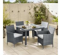 Barbados Grey Rattan Outdoor Garden Dining Set, PE Rattan & Cushions, 4 Chairs 1 Square Glass Top Outdoor Table FurnitureboxUK Grey One Size