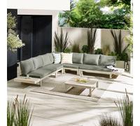 Furniturebox Brisa Wooden Garden Sofa Set - Solid Wood 8 Seat Corner L-Shaped Sofa Coffee Table - Limewash Patio Outdoor Sofa Set