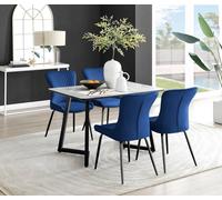 Carson White Marble Effect Dining Table and 4 Nora Black Leg Chairs - Blue