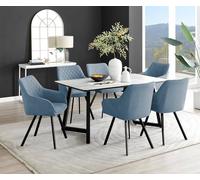 Furnitureboxuk Carson White Marble Effect Dining Table & 6 Falun Black Leg Chairs In Blue Blue One Size