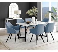 Furnitureboxuk Carson White Marble Effect Dining Table & 6 Falun Black Leg Chairs In Blue Blue One Size